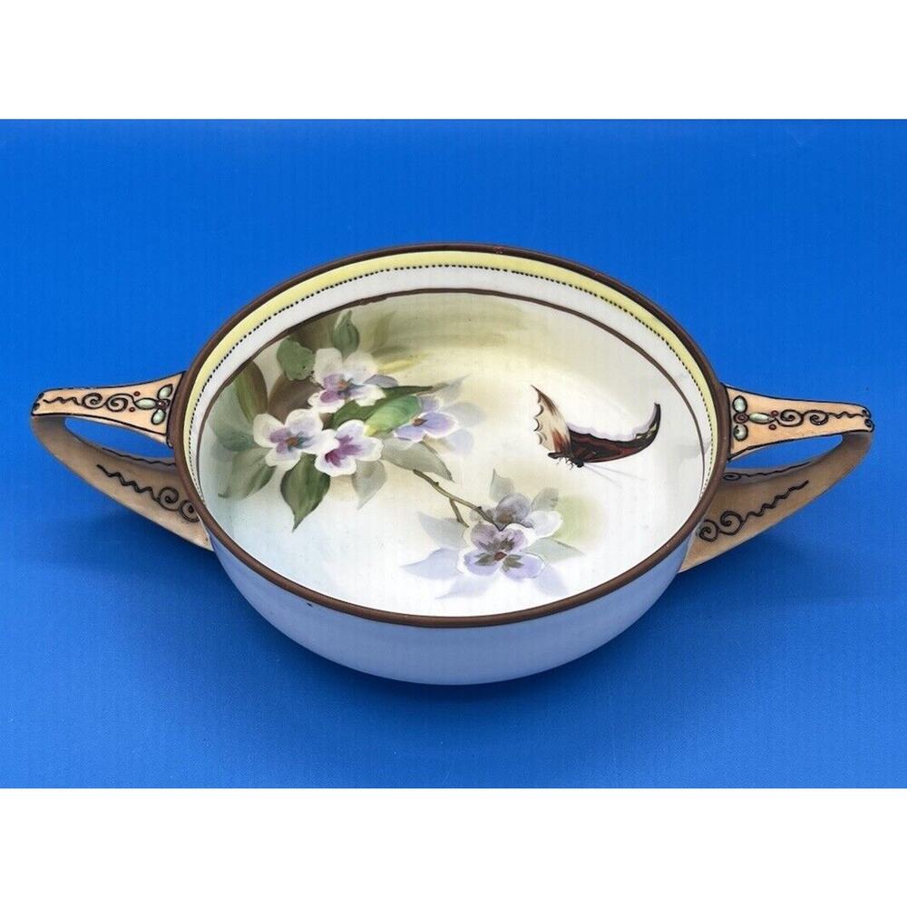 Nippon Hand Painted Butterfly Flower Gold‎ Trim Handled Bowl Open Dish Morimura